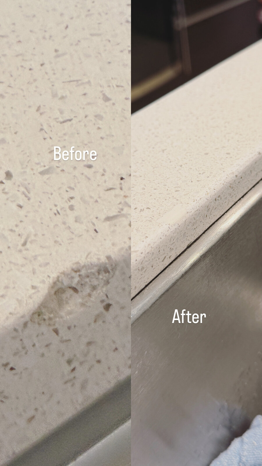 Real stone benchtop chip repair, before and after, Auckland