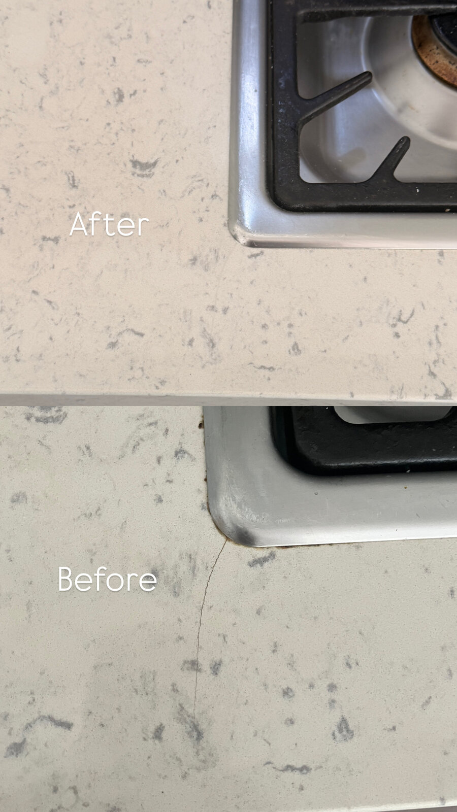 Stone benchtop crack repair near cooktop, before and after, Auckland
