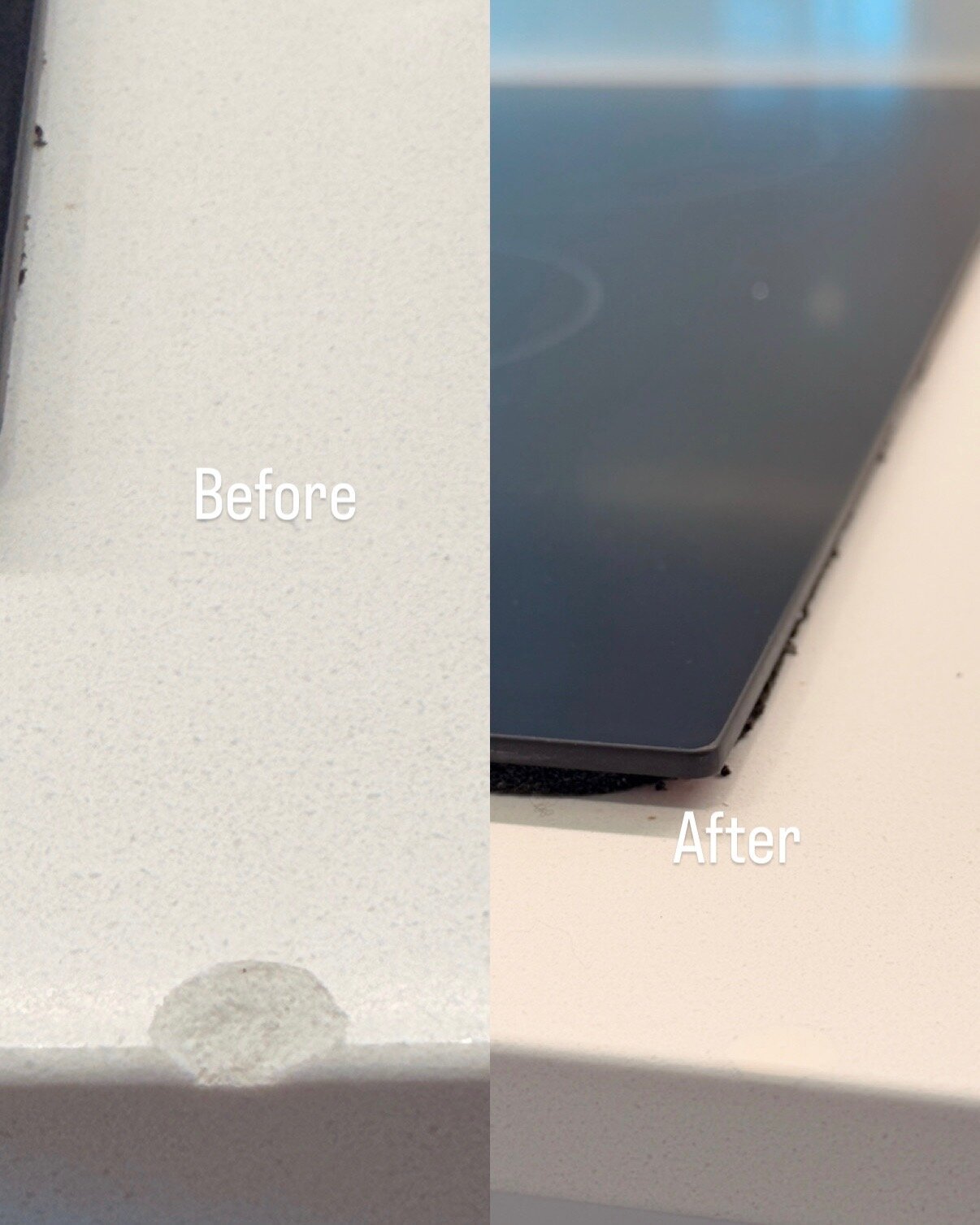 Stone benchtop chip repair near cooktop, before and after, Auckland
