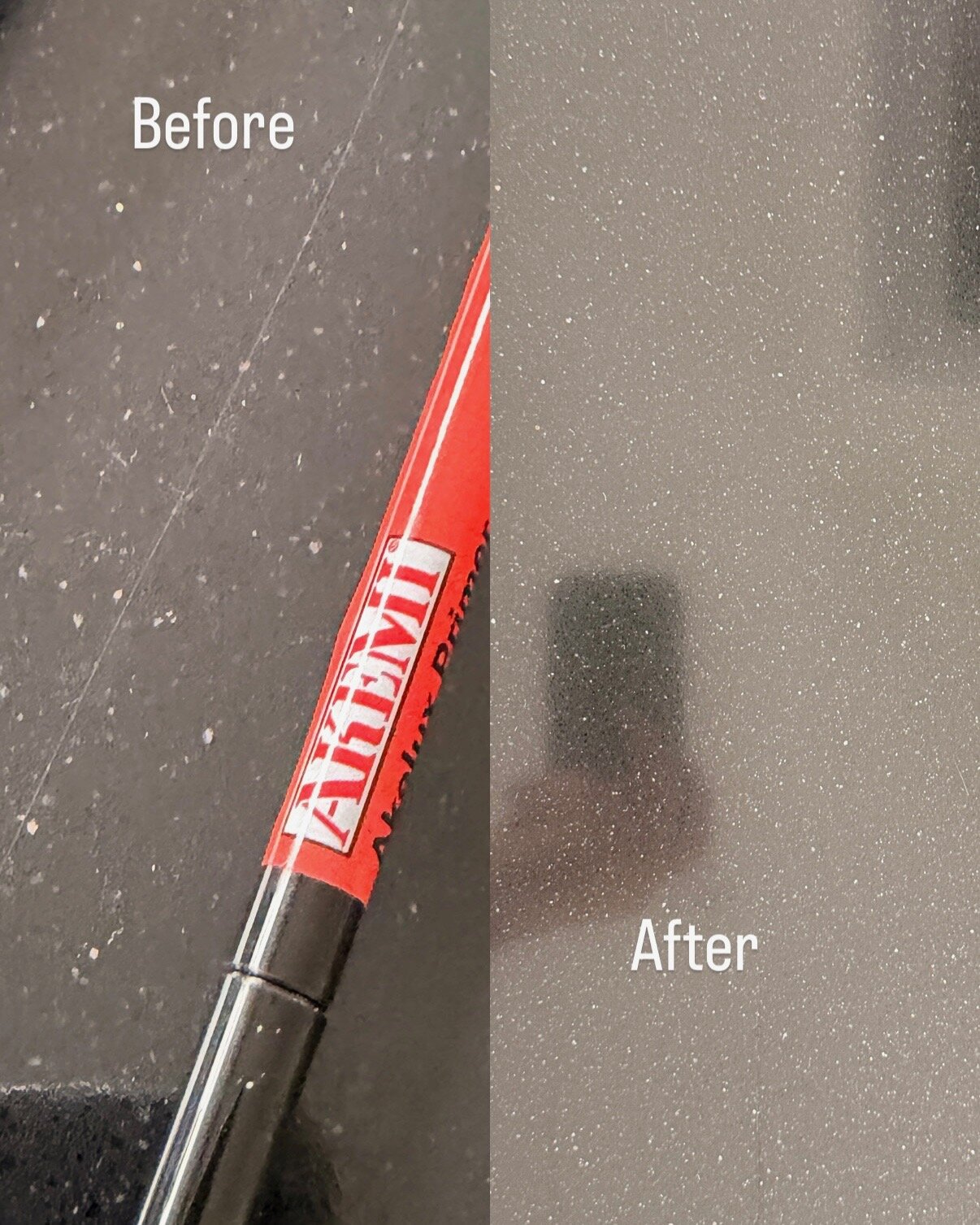 Dark stone benchtop scratch restoration, before and after, Auckland