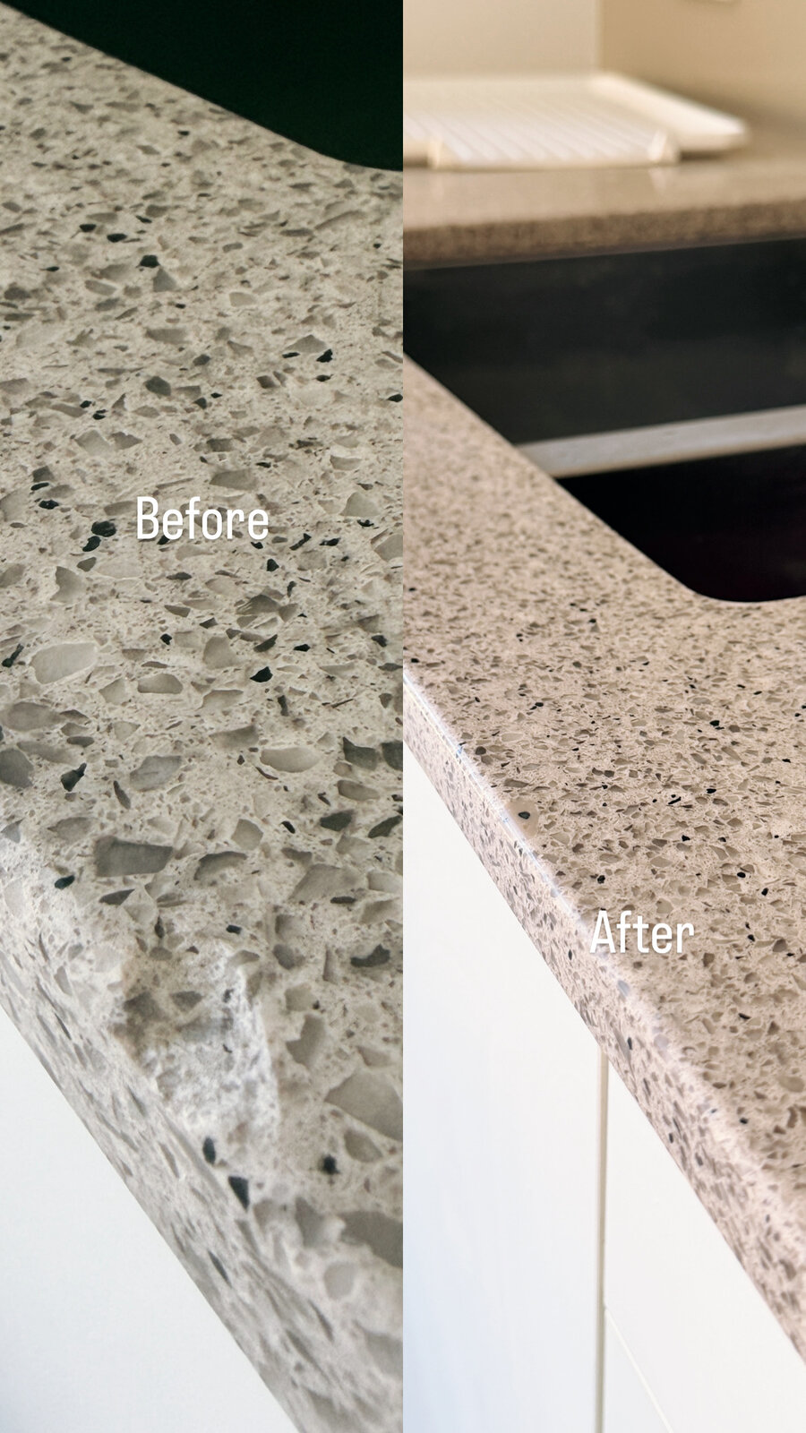 Stone benchtop edge restoration, before and after, Auckland