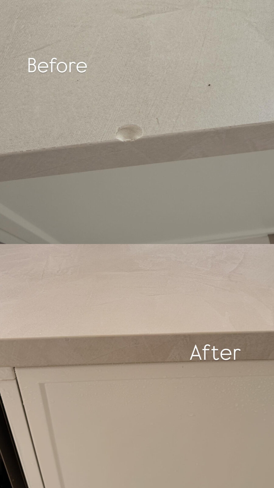 Stone benchtop dent repair, before and after, Auckland