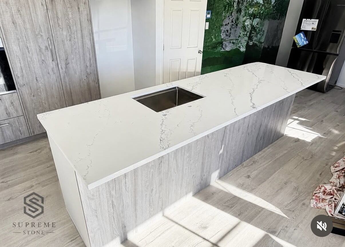 Taj Mahal quartzite stone benchtop with waterfall edge, Auckland kitchen